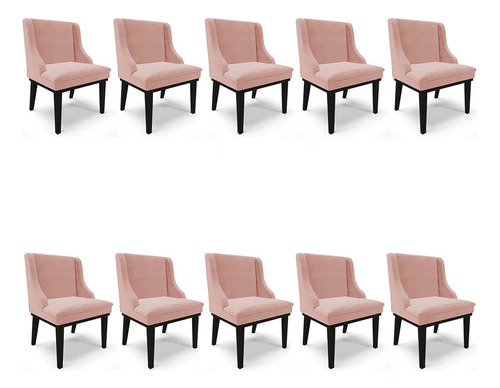 Kit 10 Cadeiras Estofadas Jantar Base Pto Lia Veludo Rosê