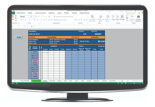 Planilha Cartão De Ponto E Controle De Horas Extras