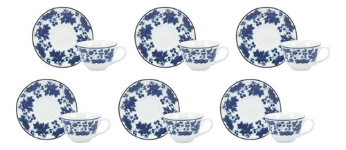 Jogo De Xícara De Café / Cafezinho 80 Ml Porcelana Schmidt Cor Azul Folhagem