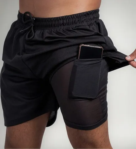 2 Em 1 Short Academia Bermuda Corrida Bolso Compressão Com - R$ 27,9