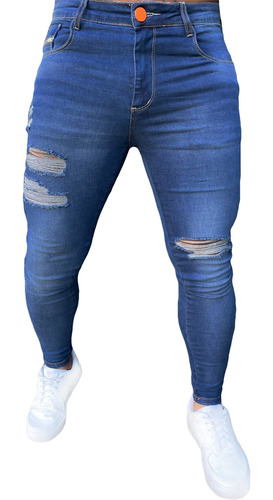 Calça Jeans Masculina Skinny Destroyed Detalhe Laranja