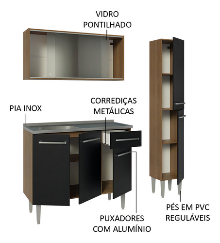 Armário Cozinha Compacta 137cm Com Pia Emilly Madesa Rp 07 Cor Rustic/Preto