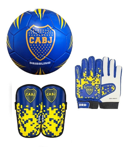 Kit Futbol Boca Juniors Pelota + Guantes + Canilleras Niño Drb