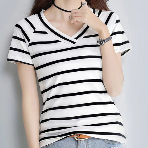 Camiseta De Mujer De Manga Corta Con Cuello En V A Rayas