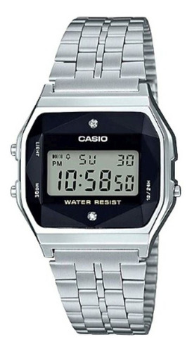 Relógio de pulso Casio Vintage A159 com corpo prata,  digital, para sem gênero, fundo  preto, com correia de aço inoxidável cor prata, subdials de cor preto, ponteiro de minutos/segundos preto, bisel cor prata e fivela de gancho