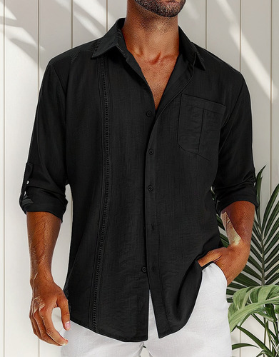 Polera De Lino De Manga Larga Guayabera For Hombre Con Bo