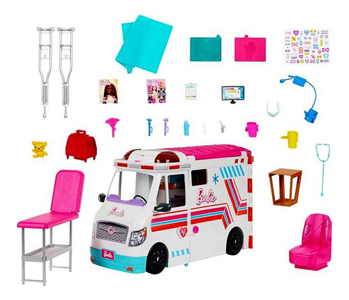 Conjunto Grande Veículo Ambulância Hospital Móvel Da Boneca Barbie Sirene Emite Luz E Som Com Acessórios Mattel Brinquedos HKT79