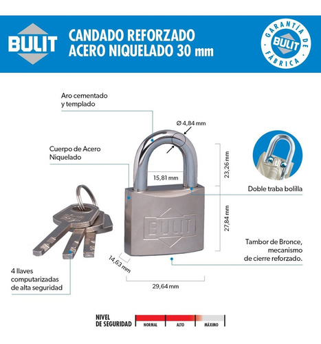 Candado Reforzado Acero Niquelado Bulit N° 30