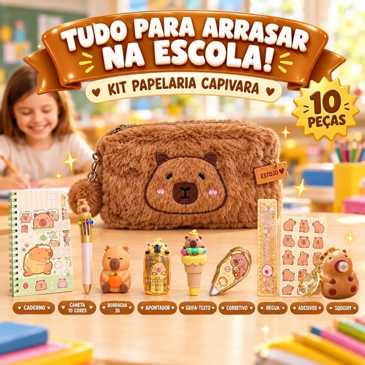 Kit Papelaria Escolar Kawaii Volta Aulas Capivara 10 Pç Fofa Caderno Caneta Estojo Borracha Adesivo Lápis Marca Texto Presente Criativo Infantil Material…