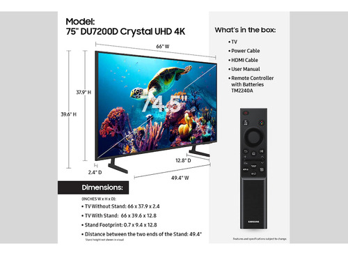 Samsung Pantalla 75 Pulgadas Du7200d Crystal Uhd 4k Smart Tv