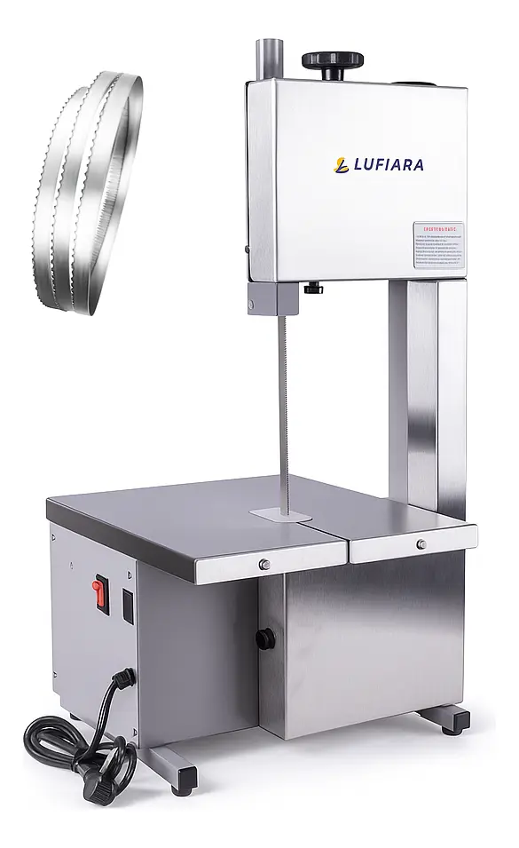 Máquina Serra Fita De Bancada 1,46m + Serra Extra - Para Cortar Carne Osso Peixe Congelados - Para Açougue Mercearia - Inox - Marca Lufiara