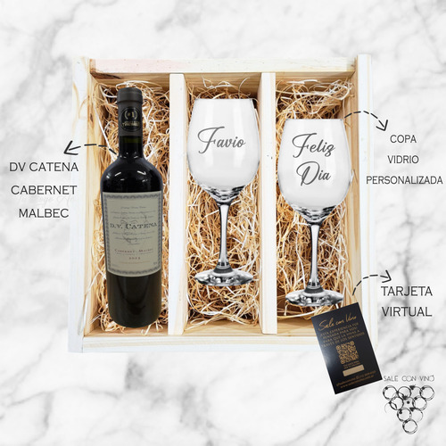 Regalo Box Madera Vino Dv Catena Cab.malb + 2 Copas Grabadas