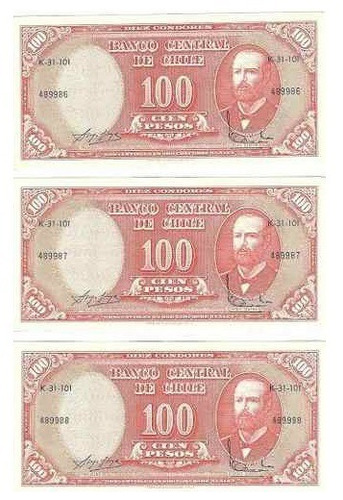Imagen 2 de 2 de Misma Serie: 3 Billetes Chile 100 Pesos Años 60 Unc C904
