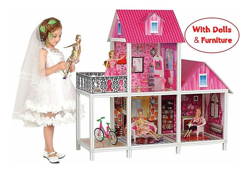 Casa De Muñecas De Plástico Con Muñecas Y Otros Color Rosado