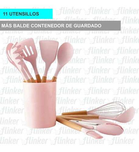 Imagen 2 de 10 de Kit X12 Utensillos Cocina Set Premium Silicona Y Madera