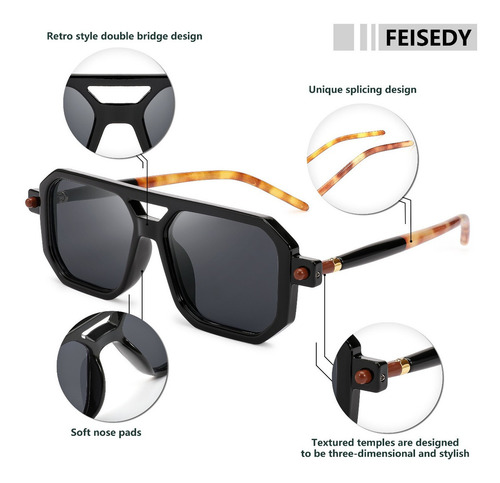 Gafas De Sol Feisedy Vintage De Los Años 70 Con Marco Clásic Lente Black Frame & Grey Lens Diseño Ocean