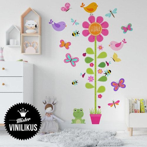 Vinilo Decorativo Medidor Flor Y Bichitos Con Tu Nombre!