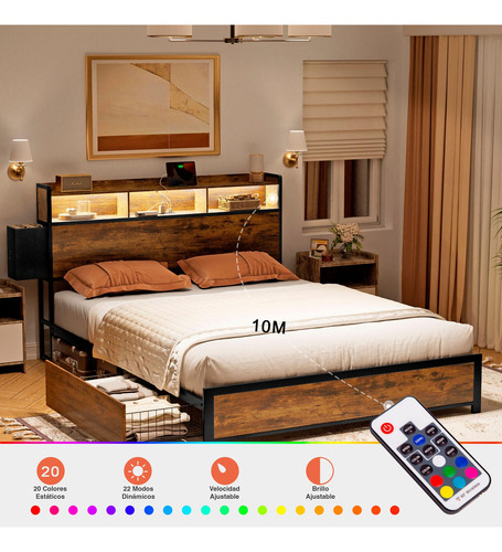Base Cama Queen Size Con Cajones Y Luces Led Marrón Rústico
