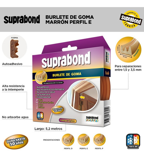 Imagen 2 de 7 de Burlete Autoadhesivo Suprabond De Goma Perfil E Color Marrón