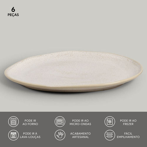 Conjunto com 6 Pratos Raso Oval Orgânico Latte 31x24x2,5cm Porto Brasil