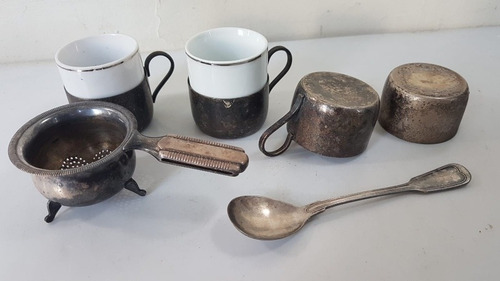 Antigo Jogo Xícara D Café Colher Coador De Chá Tudo Prata (Usado)