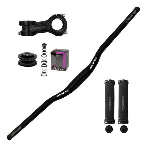 Kit Guidão Bike Alum 700mm +mesa Suporte +cx Direção +punhos Cor Preto