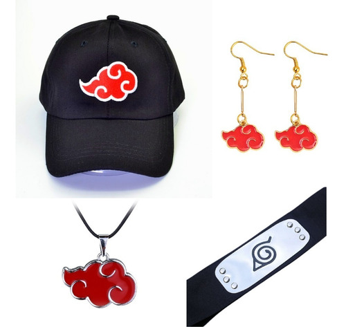 Gorra, Collar Aretes Y Banda Nube Roja Akatsuki Naruto Anime