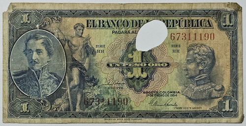 Billete 1 Peso 01/ene/1954 Colombia Good Perforado