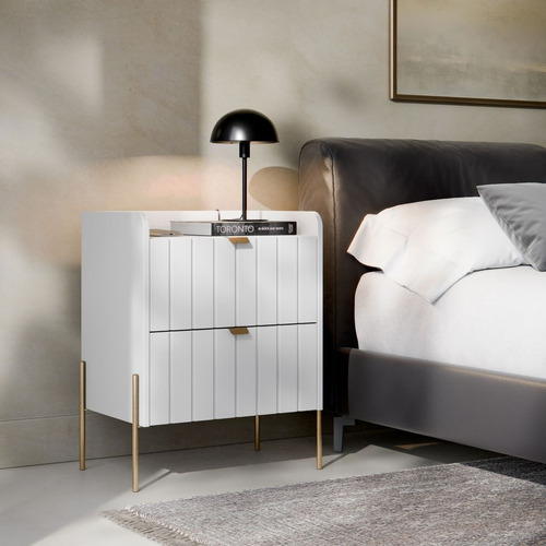 Mesa De Cabeceira Vênus Mdf 45cm Detalhes Em Aço Dourado Acabamento Brilhante Cor Branco/dourado