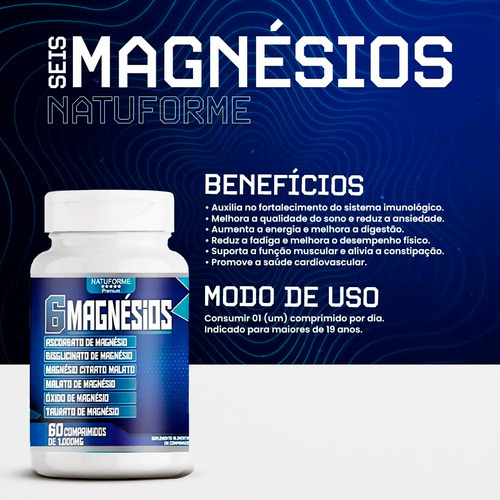 3x 6 Magnésios 6 Em 1 Premium 60 Comprimidos 1000 Mg Mag6