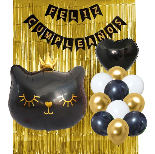 Combo Cumpleaños Globos Gatita Reina Negro Tematica Deco