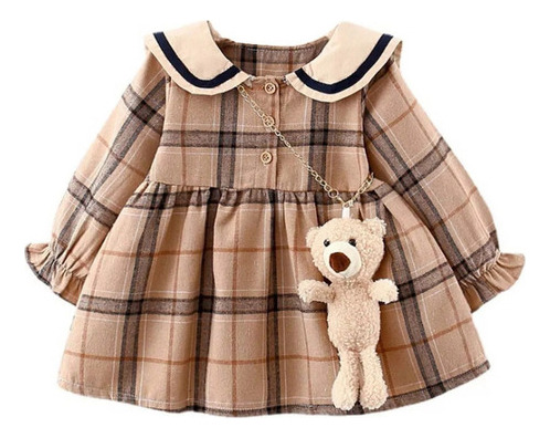 Vestido Manga Larga Con Falda De Cuadros Para Bebés Y Niños