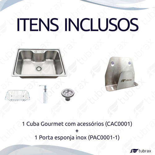 Kit Cuba Cozinha Inox 304 + Porta Esponja Inox 304 Tubrax