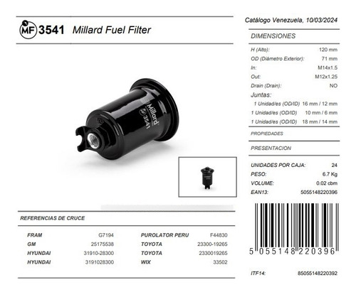 Mf3541 Filtro Gas Rav 4 4l 2.0lts 97/00 Tercel 4l 1.5lt91/99