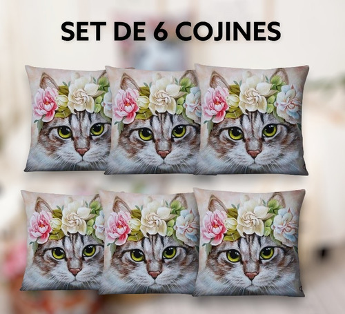 Set De 6 Cojines De Tiernos Gatos Con Corona Flores Lindos