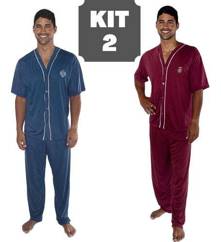 Imagem 1 de 8 de Kit 2 Pijamas Meia Manga Curta Botão Calça Inverno Adulto