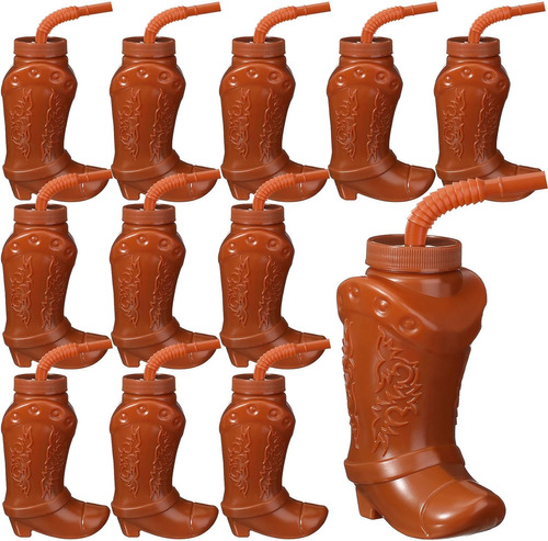 12 Vasos De Plástico Para Fiesta De Botas De Vaquero Con Paj