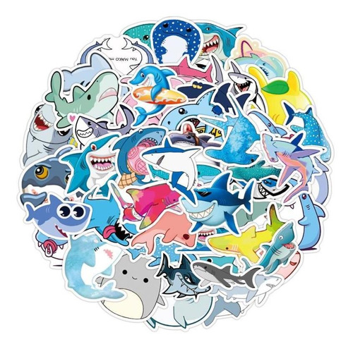 Tiburones Kawaii 6 X 5 Cm 50 Calcomanias Stickers Pvc / Agua