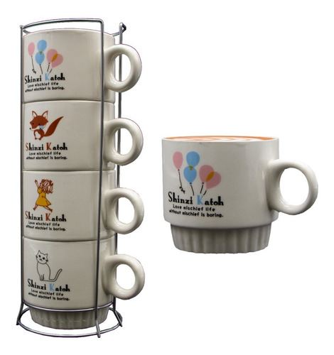  Taza X4 Unidades Ceramica Apilables Con Soporte Metalico 