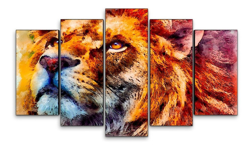 Cuadro Decorativo Moderno León Pintura Jd-0683 G Quíntuple 100x60 Cm Sin Marco