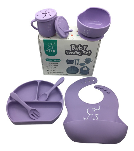 Set Babero, Plato, Bowl, Cubiertos Y Vaso Con Tsnack (7 Pz) Color Lila Set 7 piezas