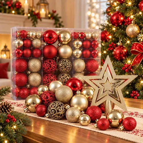 Kit Bolas De Natal Decoração Árvore Com Estrela 101 Pçs Vermelho E Dourado