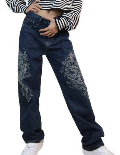 Dragon Print Loose Slim Look All Match Casual Straight Jeans