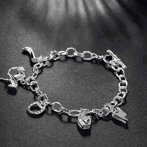 Imagen 7 de 8 de Pulsera Plata 925 Con Dijes Caballo, Herraduras, Bota