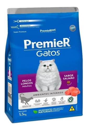 Ração Premier Gato Adulto Pelo Longo Sabor Salmão 1,5kg