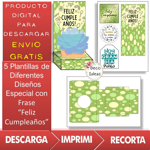 Imagen 4 de 4 de Kit Imprimible Caja Porta Maceta 01 Frase Feliz Cumpleaños