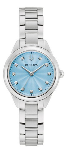 Reloj Bulova Sutton Petite 11 Diamantes Para Dama Correa Plateado Bisel Plateado Fondo Azul