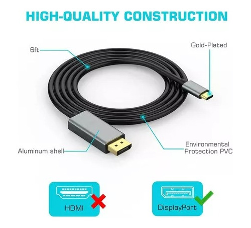 Displayport Cable,usb C 3.1 A Displayport Dp 4k 60hz De 1.8m