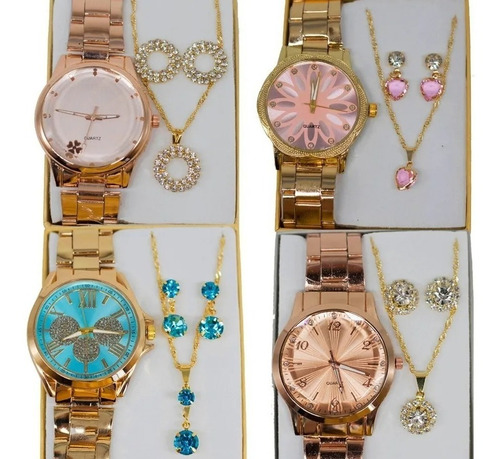 Relógio Feminino Dourado + Kit Colar E Brinco Foliado + Caix