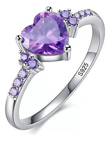 Anillo De Compromiso Corazón Morado Amatista Plata S925 Nf